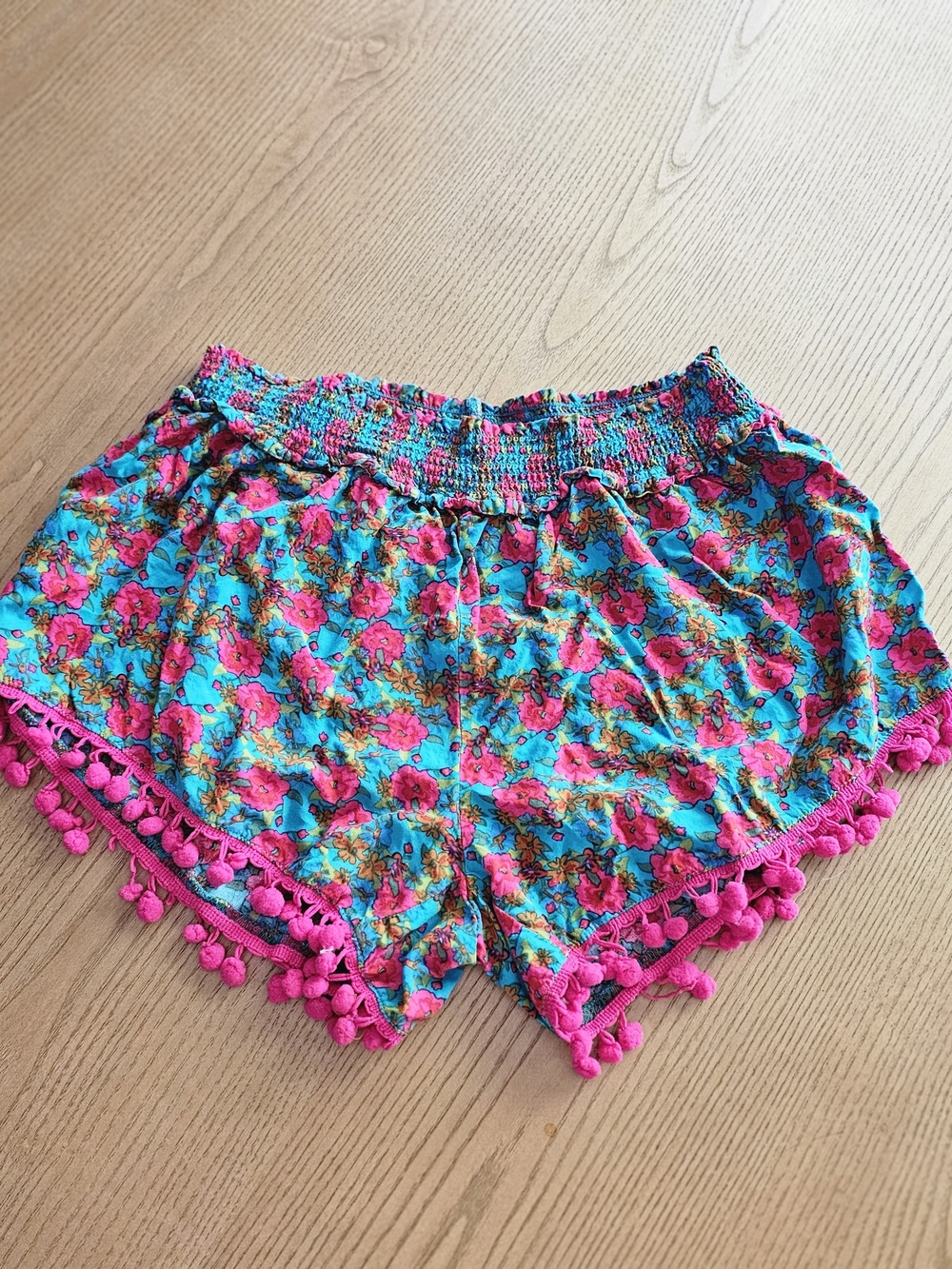 NATURAL LIFE Teal Floral High-Waist Shorts with Hot Pink Pom Pom Trim